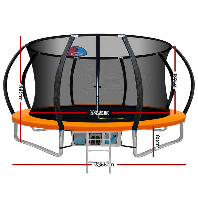 Everfit 12FT Trampoline for Kids w/ Ladder Trampoline Enclosure Safety Net Rebounder Orange.