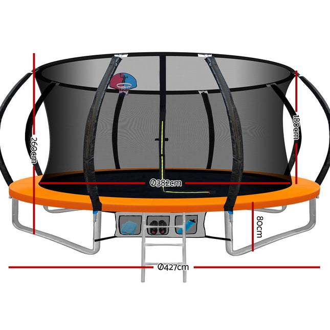 14ft Trampoline Everfit Kids Trampoline Rebounder w/ Ladder Basketball Hoop Orange.