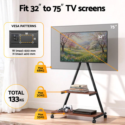 Artiss Mobile TV Stand Rolling Cart Wheels 32-75" Heavy Duty 133kg Mount Bracket.