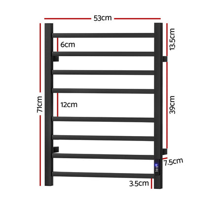 Devanti Heated Towel Rail 8 Square Bars with Timer Electric Heater Warmer Rack.