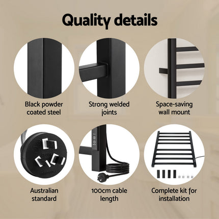 Devanti Heated Towel Rail 8 Square Bars with Timer Electric Heater Warmer Rack.