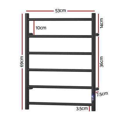 Devanti Heated Towel Rail 6 Round Bars  with Timer Electric Heater Warmer Rack.