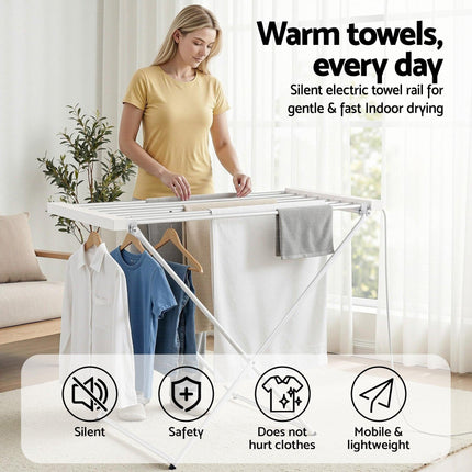 Devanti Heated Towel Rail Electric Clothes Airer Foldable Drying Rack 8 Bars.