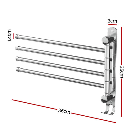 Towel Rail Rack Holder 4 Bars Wall Mounted Stainless Steel Swivel Hanging Hook.