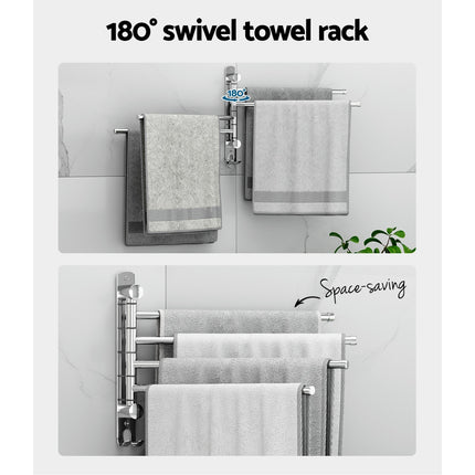 Towel Rail Rack Holder 4 Bars Wall Mounted Stainless Steel Swivel Hanging Hook.