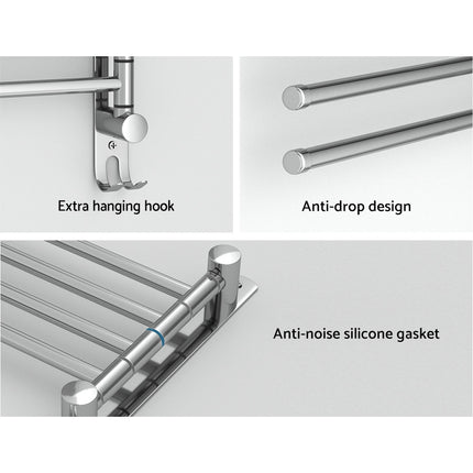 Towel Rail Rack Holder 4 Bars Wall Mounted Stainless Steel Swivel Hanging Hook.