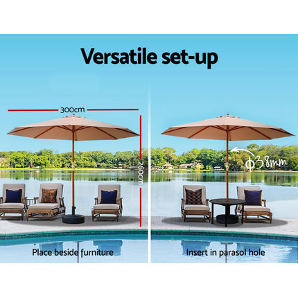 Instahut 3m Outdoor Umbrella w/Base Pole Umbrellas Garden Sun Stand Deck Beige.