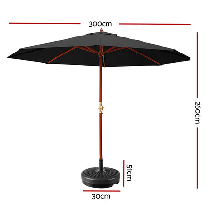 Instahut 3m Outdoor Umbrella w/Base Pole Umbrellas Garden Sun Stand Deck Black.