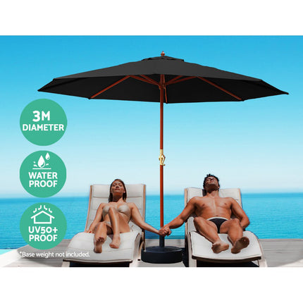 Instahut 3m Outdoor Umbrella w/Base Pole Umbrellas Garden Sun Stand Deck Black.