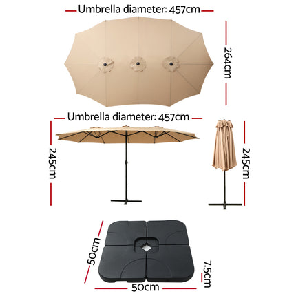 Instahut 4.57m Outdoor Umbrella w/Base Stand Beach Pole Garden Tilt Beige.