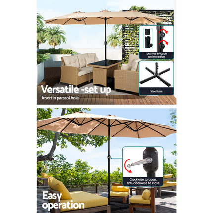 Instahut 4.57m Outdoor Umbrella w/Base Stand Beach Pole Garden Tilt Beige.