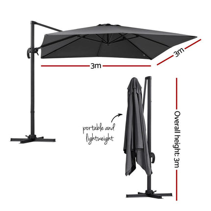 Instahut Outdoor Umbrella 3m Umbrellas Cantilever Stand Sun Roma 360 Degree Charcoal.