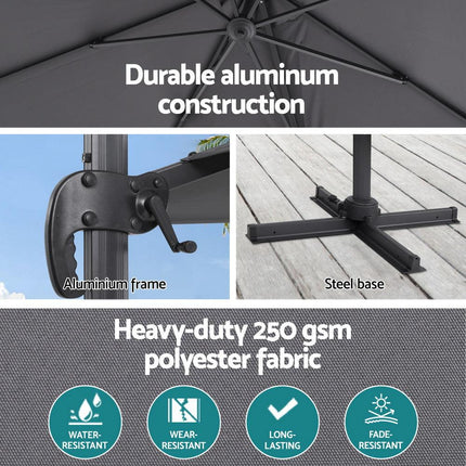 Instahut Outdoor Umbrella 3m Umbrellas Cantilever Stand Sun Roma 360 Degree Charcoal.