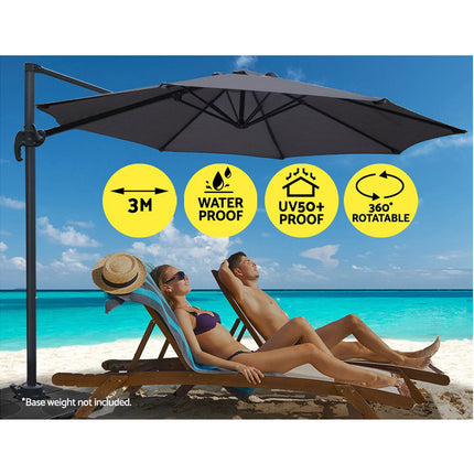 Instahut 3m Outdoor Umbrella Cantilever 360 Degree Tilt Beach Roma Charcoal.