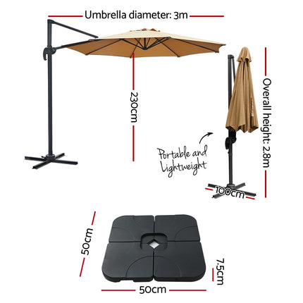 Instahut 3m Outdoor Umbrella w/Base Cantilever Beach Roma 360 Degree Tilt Beige.