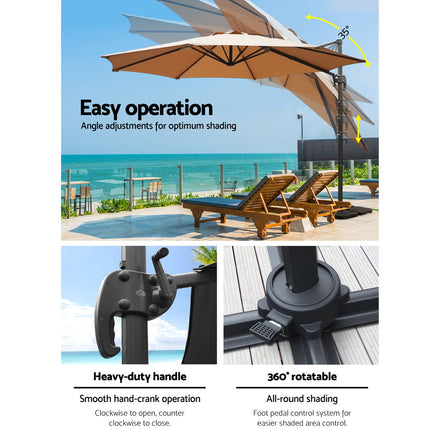 Instahut 3m Outdoor Umbrella w/Base Cantilever Beach Roma 360 Degree Tilt Beige.