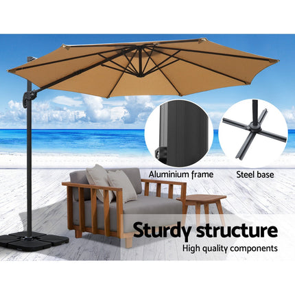 Instahut 3m Outdoor Umbrella w/Base Cantilever Beach Roma 360 Degree Tilt Beige.
