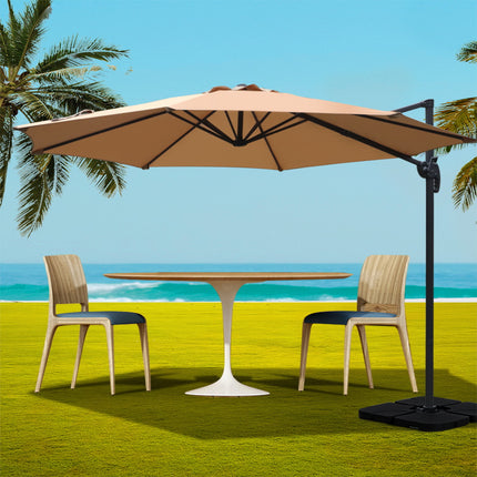 Instahut 3m Outdoor Umbrella w/Base Cantilever Beach Roma 360 Degree Tilt Beige.