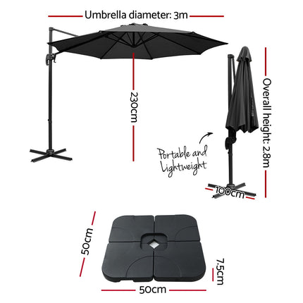 Instahut 3m Outdoor Umbrella w/Base Cantilever Beach Roma 360 Degree Tilt Black.