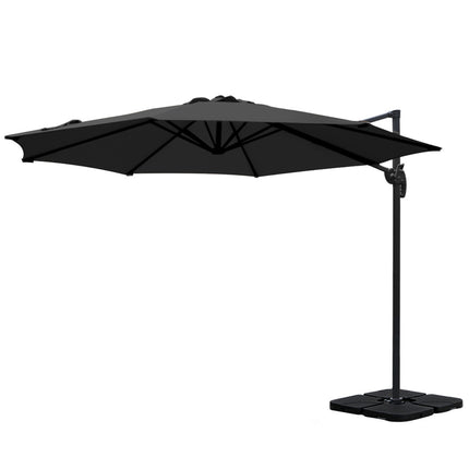 Instahut 3m Outdoor Umbrella w/Base Cantilever Beach Roma 360 Degree Tilt Black.