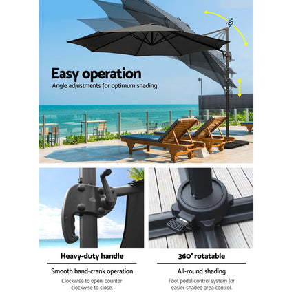 Instahut 3m Outdoor Umbrella w/Base Cantilever Beach Roma 360 Degree Tilt Black.