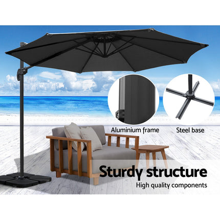 Instahut 3m Outdoor Umbrella w/Base Cantilever Beach Roma 360 Degree Tilt Black.