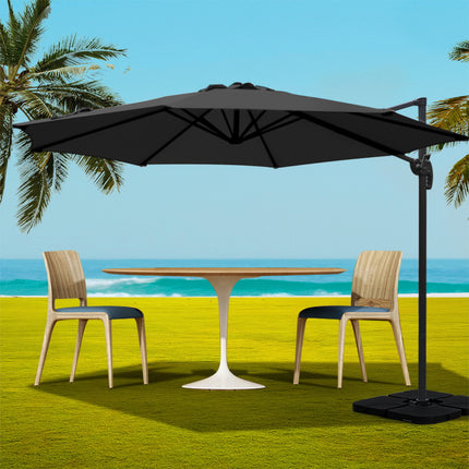 Instahut 3m Outdoor Umbrella w/Base Cantilever Beach Roma 360 Degree Tilt Black.
