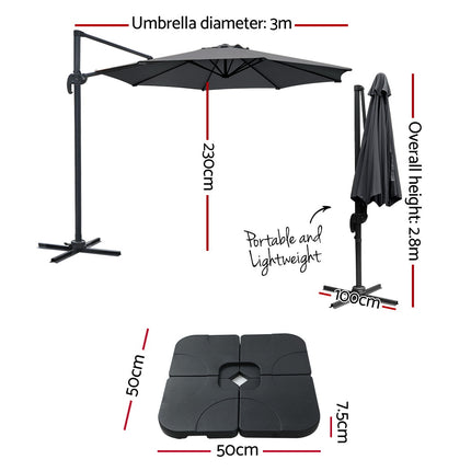 Instahut 3m Outdoor Umbrella w/Base Cantilever Beach Roma 360 Degree Tilt Charcoal.