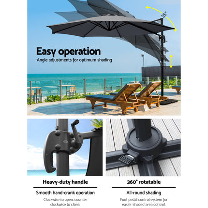 Instahut 3m Outdoor Umbrella w/Base Cantilever Beach Roma 360 Degree Tilt Charcoal.