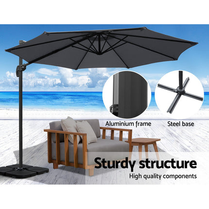 Instahut 3m Outdoor Umbrella w/Base Cantilever Beach Roma 360 Degree Tilt Charcoal.