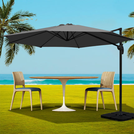 Instahut 3m Outdoor Umbrella w/Base Cantilever Beach Roma 360 Degree Tilt Charcoal.