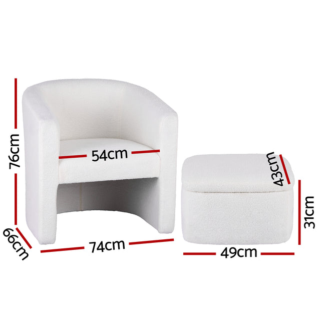 Artiss Armchair Accent Chair w/Ottoman Lounge Footrest Storage Boucle White.