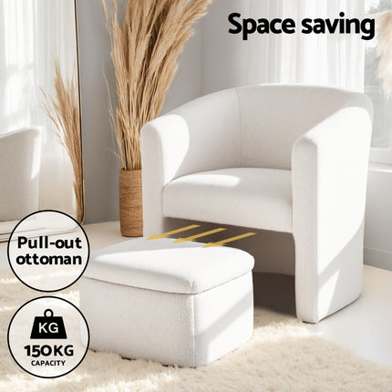 Artiss Armchair Accent Chair w/Ottoman Lounge Footrest Storage Boucle White.