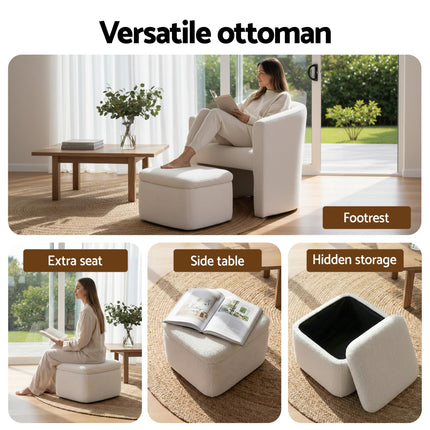 Artiss Armchair Accent Chair w/Ottoman Lounge Footrest Storage Boucle White.