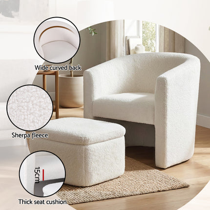 Artiss Armchair Accent Chair w/Ottoman Lounge Footrest Storage Boucle White.