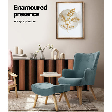 Artiss Armchair Set with Ottoman Blue Lansar.