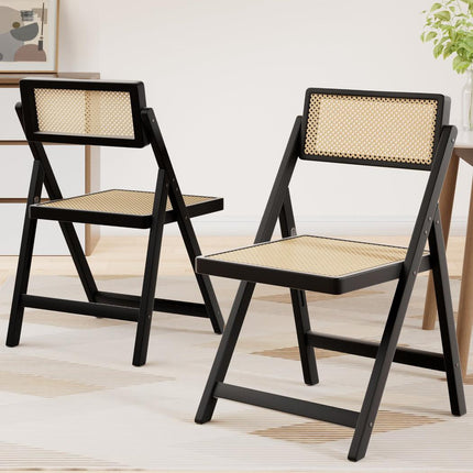 Artiss 2x Dining Chairs Wooden Rattan Foldable Black.
