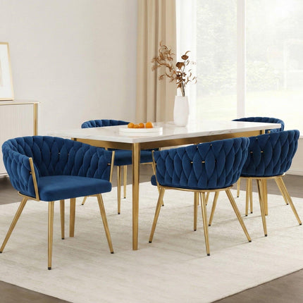 1 Set of 4 Artiss Dining Chairs Velvet Weaving Armchair Blue.