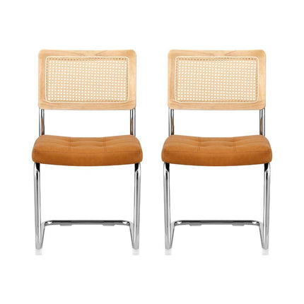 Artiss Dining Chairs Set of 2 PU Leather Rattan Cantilever Brown.