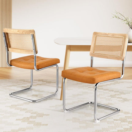 Artiss Dining Chairs Set of 2 PU Leather Rattan Cantilever Brown.
