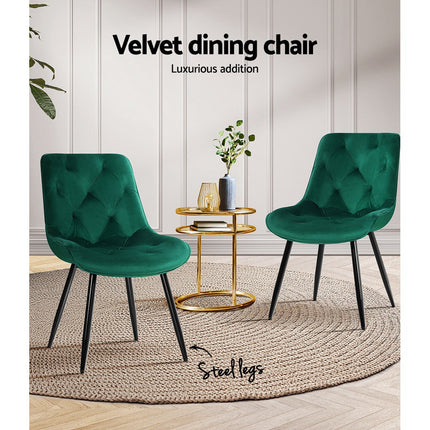 Artiss Dining Chairs Set of 2 Velvet Diamond Tufted Green.