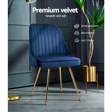 Artiss Dining Chairs Set of 2 Velvet Channel Tufted Blue.