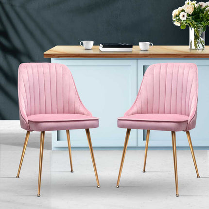 Artiss Dining Chairs Set of 2 Velvet Channel Tufted Pink.