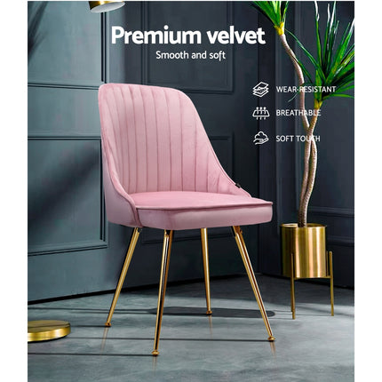 Artiss Dining Chairs Set of 2 Velvet Channel Tufted Pink.