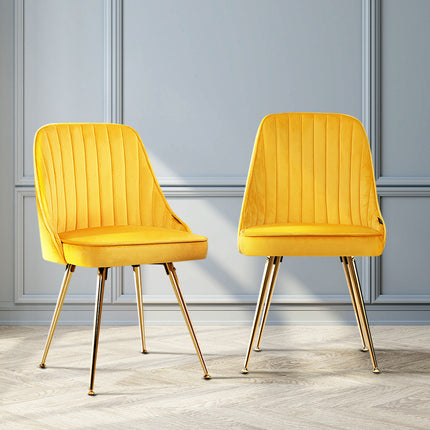 Artiss Dining Chairs Set of 2 Velvet Channel Tufted Yellow.