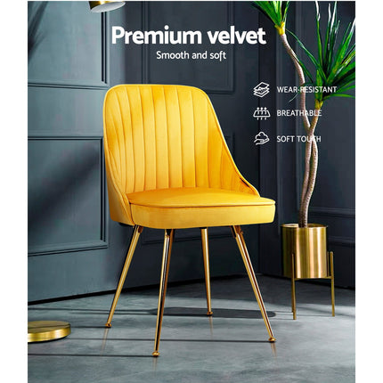 Artiss Dining Chairs Set of 2 Velvet Channel Tufted Yellow.