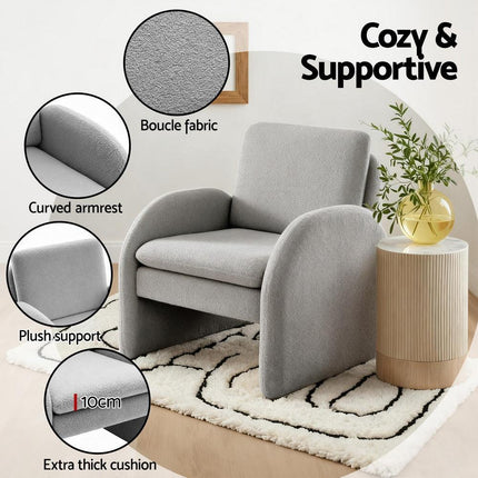 Artiss Armchair Accent Chair Lounge Tub Sofa Couch Curved Arm Seat Boucle Grey.