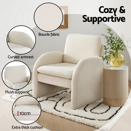 Artiss Armchair Accent Chair Lounge Tub Sofa Couch Curved Arm Seat Boucle White.