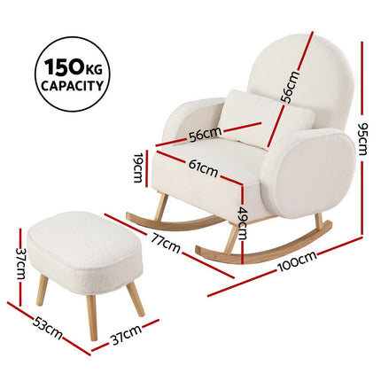 Artiss Armchair Rocking Chair Ottoman Lounge Footrest Round Nursing Boucle White.