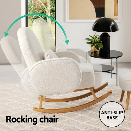 Artiss Armchair Rocking Chair Ottoman Lounge Footrest Round Nursing Boucle White.